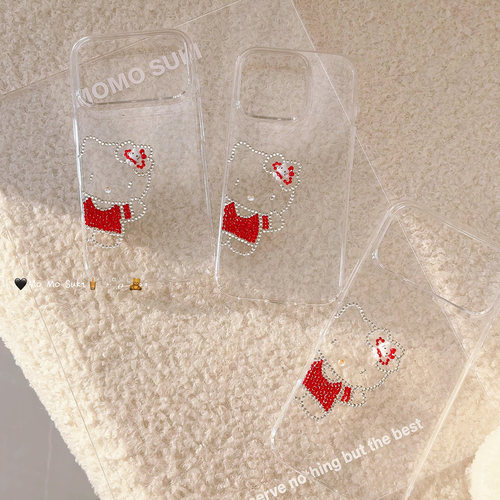 MOMOSUKI 新款新年开运红钻Kitty17promax手机壳爆闪水晶钻iPhone16Pro轻奢高级感凯蒂猫15pro全包防摔软边壳