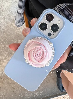 MOMO SUKI 新款日韩原创ins风玫瑰花磁吸支架适用苹果15promax手机壳简约奶蓝液态水钻14Pro软壳Phone13/12