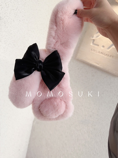 BLACK&PINK 甜酷ins风毛绒兔子苹果17Promax15手机壳iPhone16pro獭兔毛保护套少女蝴蝶结珍珠斜跨链 日韩新款