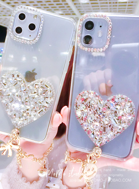 MOMO SUKI 新款ins少女风桃心水钻手机壳适用iPhone14Promax/13pro/12精致手提挂链防摔可拆卸软边带钻透明壳