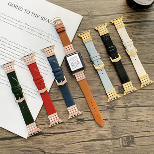 6珍珠手表皮带小香风 适用applewatch8真皮表带苹果iwatch7