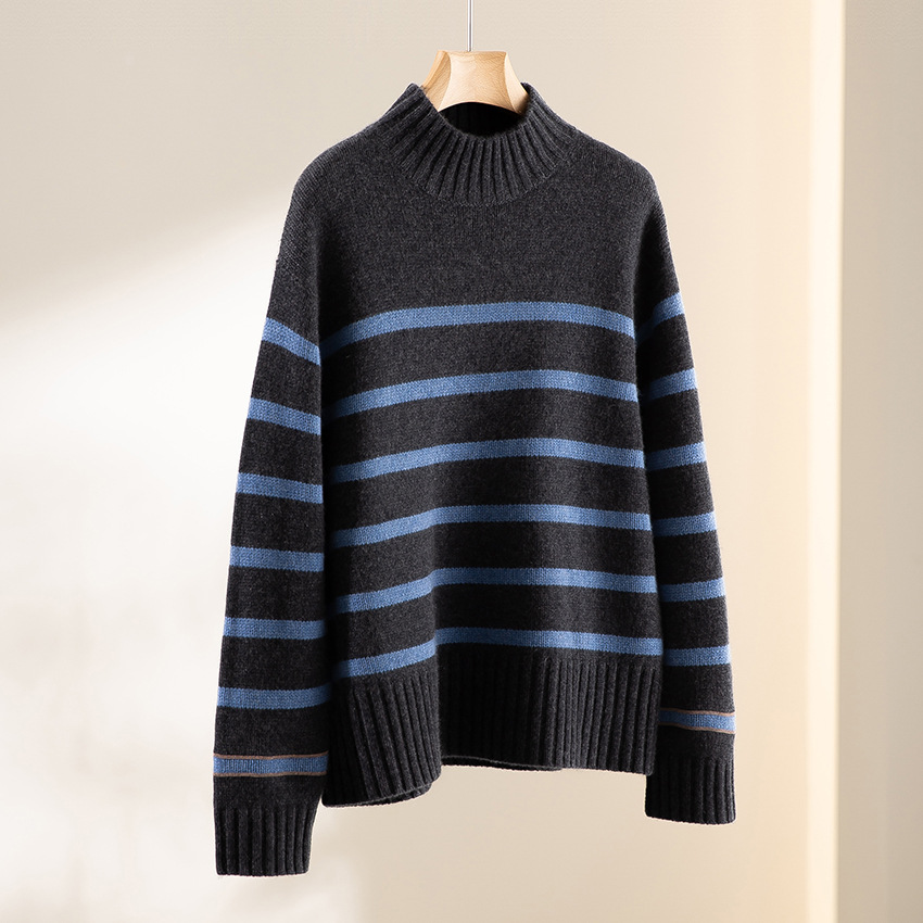 BC款530克加厚秋冬纯山羊绒衫女半高领钉珠套头宽松条纹高端毛衣