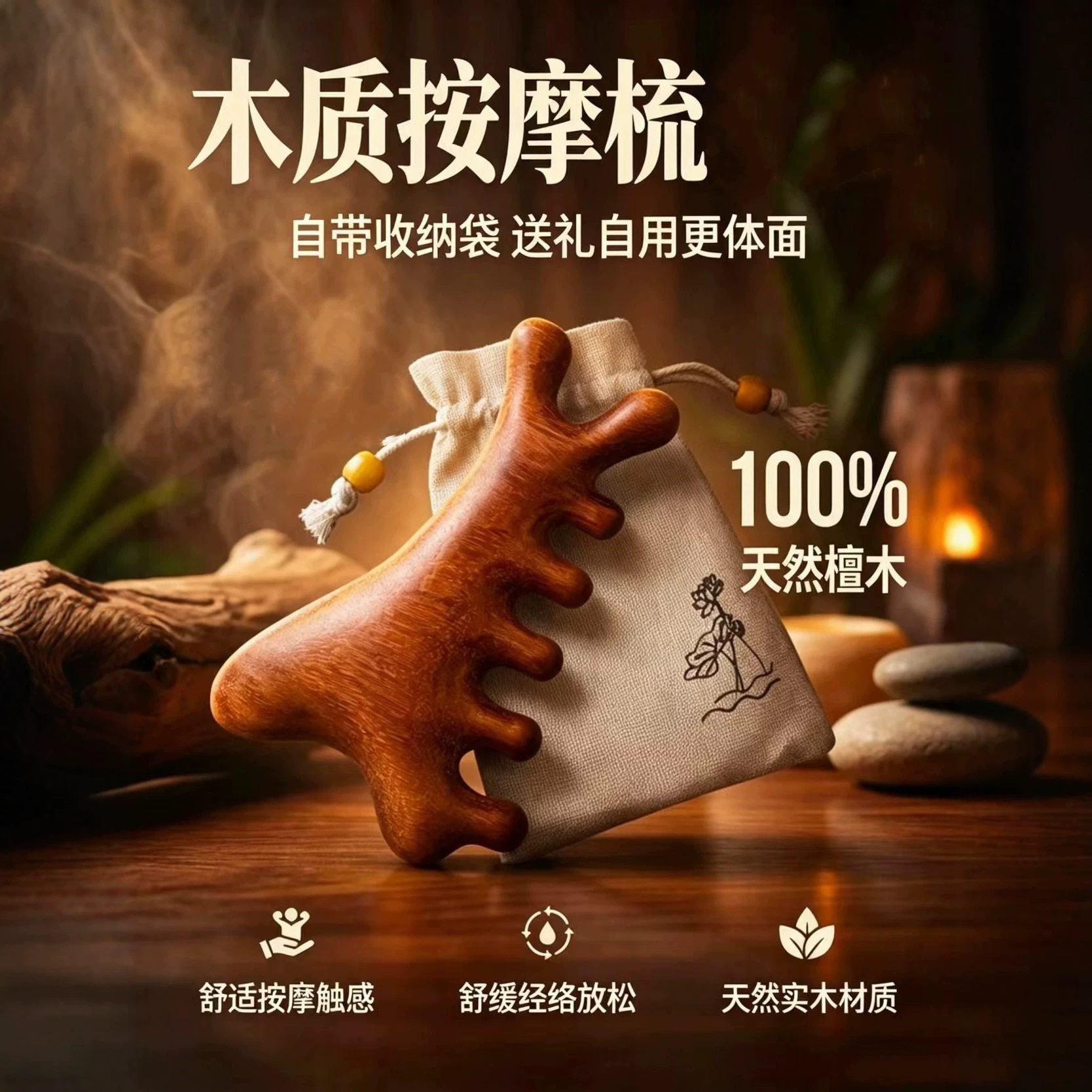 天然金丝檀木四合一多功能经络梳头皮按摩梳厂家批发梳头木梳子