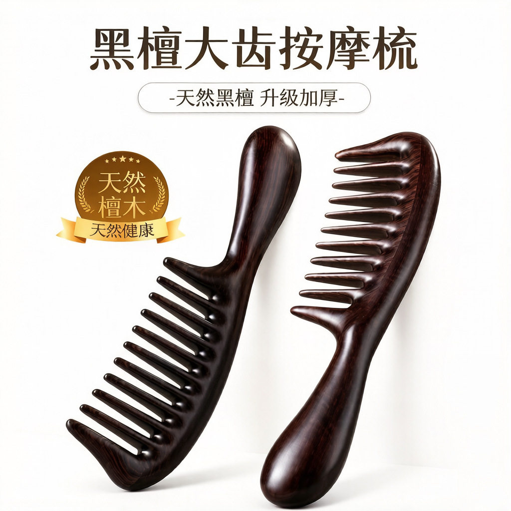天然黑檀木梳子宽齿梳拼接榫卯柄梳高端檀木礼盒装按摩梳支持刻字
