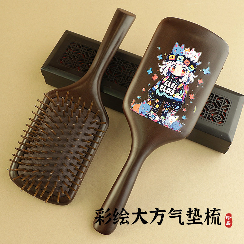 卡通人物动物彩绘檀木气垫梳疏通头部头皮经络尖齿实木气囊梳子