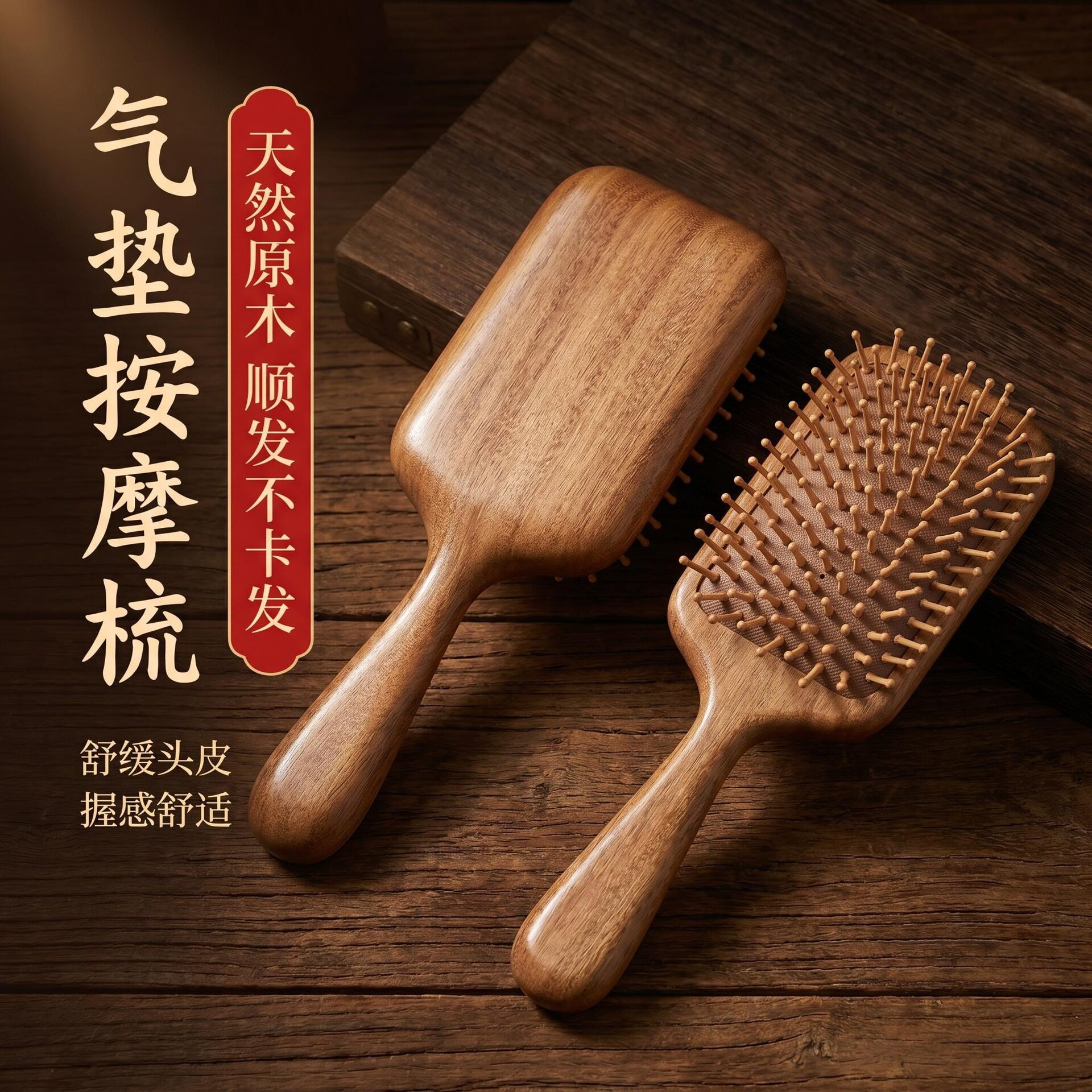 厂家批发大号头皮按摩梳木质梳子檀木金丝檀木气囊梳气垫梳子