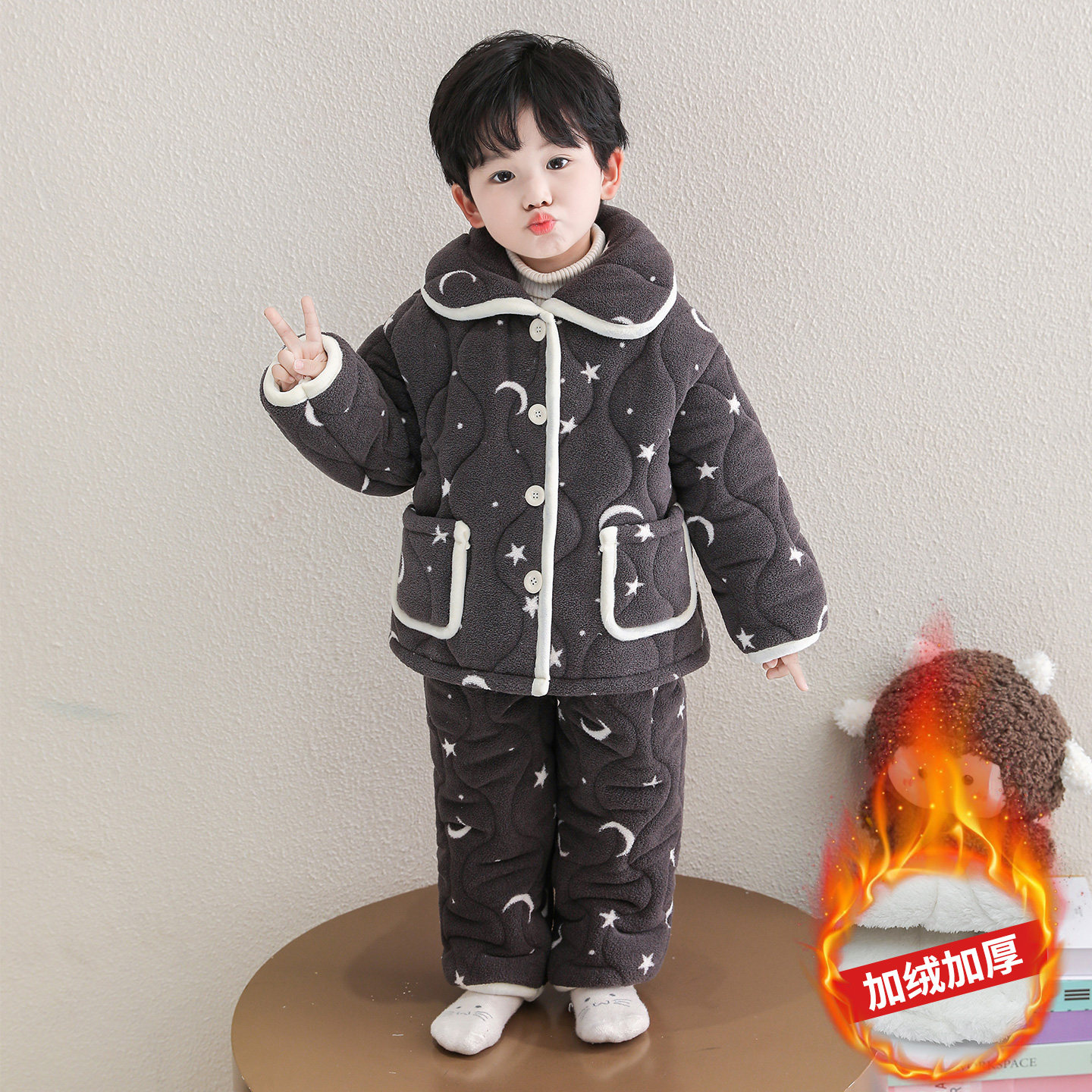 儿童冬季法兰绒睡衣男童三层加绒加厚套装男宝宝法兰绒保暖家居服,童装/婴儿装/亲子装,家居服套装,淘宝优惠券,粉丝福利购,淘宝优惠卷