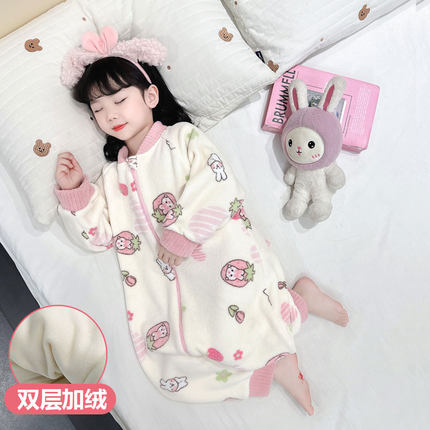 女童秋冬法兰绒加厚连体睡衣宝宝珊瑚绒双层加绒儿童防着凉睡袋冬
