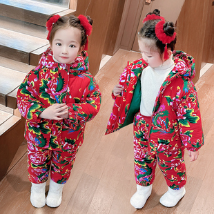 儿童东北大花棉袄套装冬季加厚款男童女宝宝中国风花棉衣女童棉服