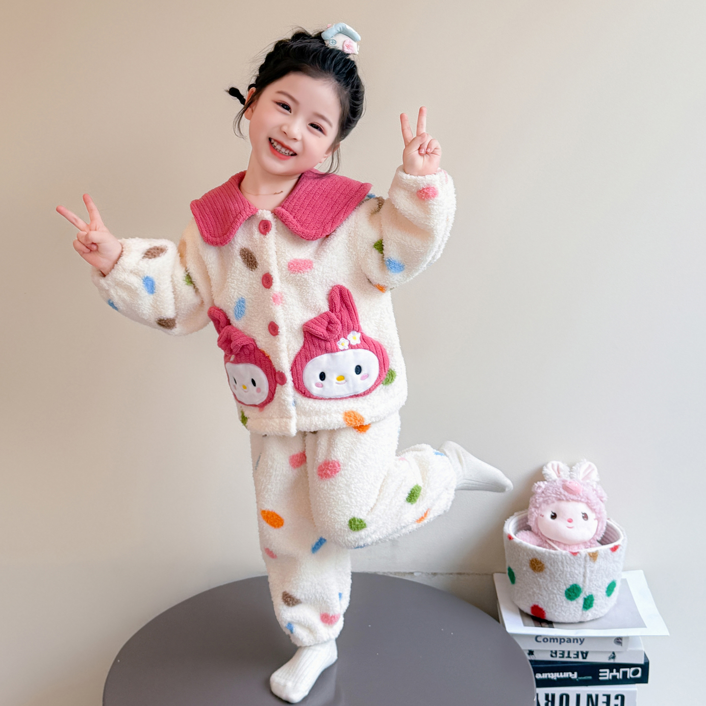 女童秋冬季珊瑚绒开衫睡衣套装