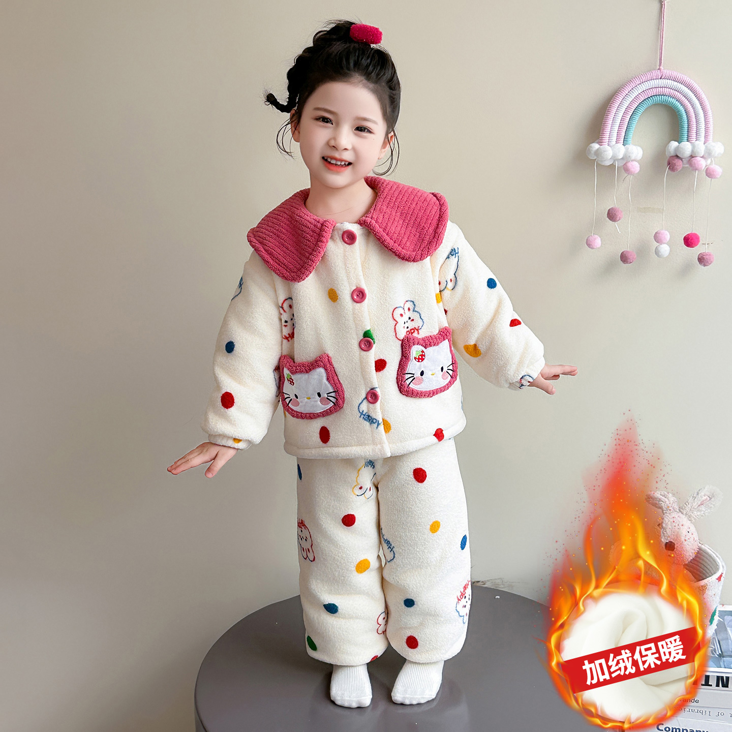 女童珊瑚绒睡衣儿童三层夹棉套装