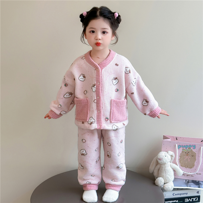 女童秋冬季珊瑚绒睡衣套装