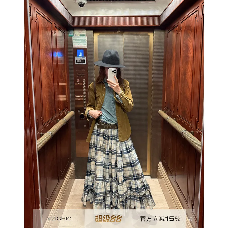Xzichic欧阳娜娜同款裙子RL半身裙女文艺格纹蛋糕裙秋冬新款长裙