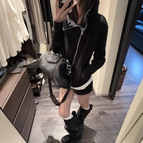 YOLO SHOP 黑色连帽卫衣女修身百搭设计感翻领美式开衫外套上衣