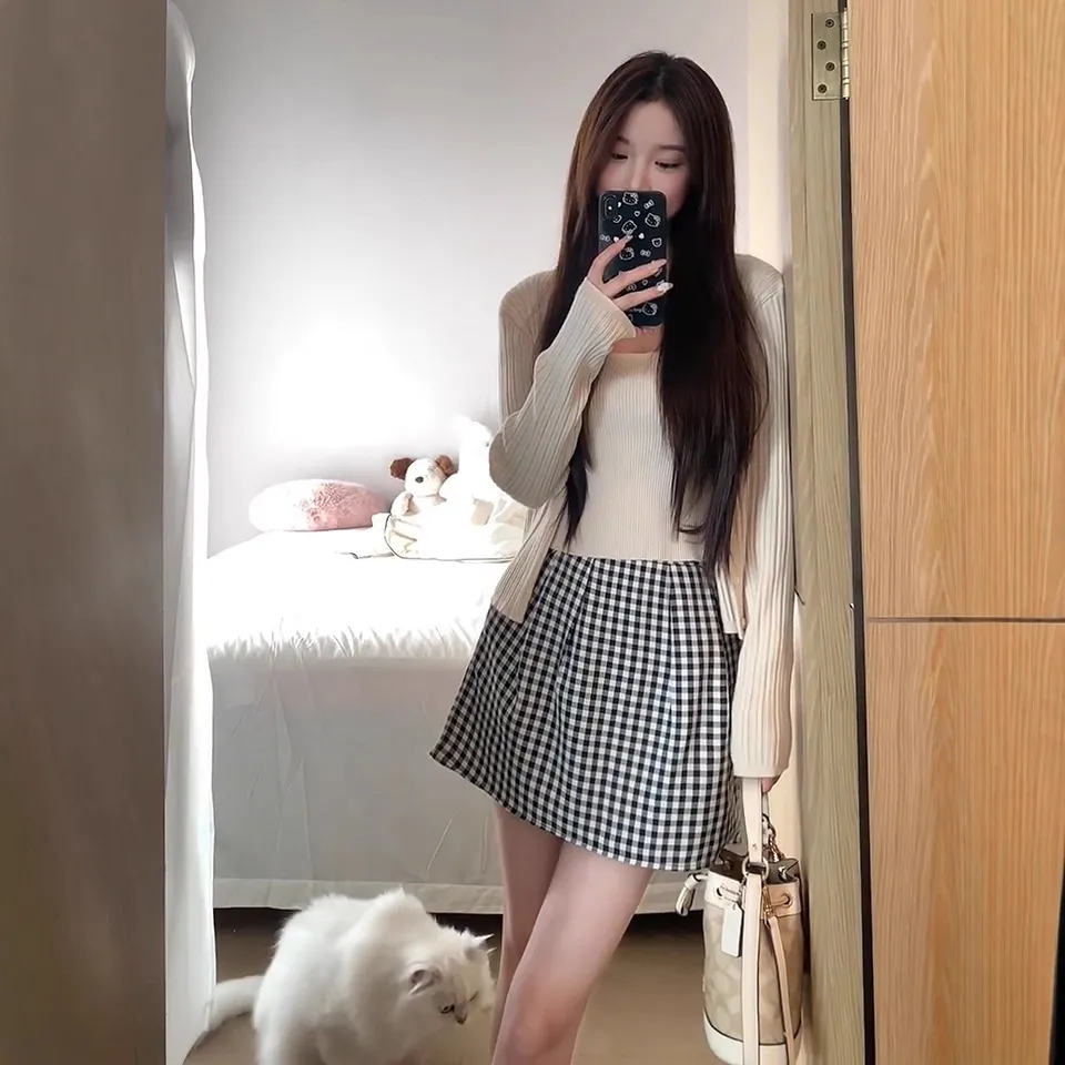 盐系韩剧穿搭三件套装格子半身短裙连衣裙女小个子初秋