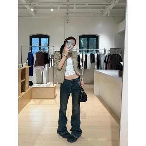 SUNONEONE 做旧水洗蓝修身微喇牛仔裤女早秋美式复古百搭休闲裤子