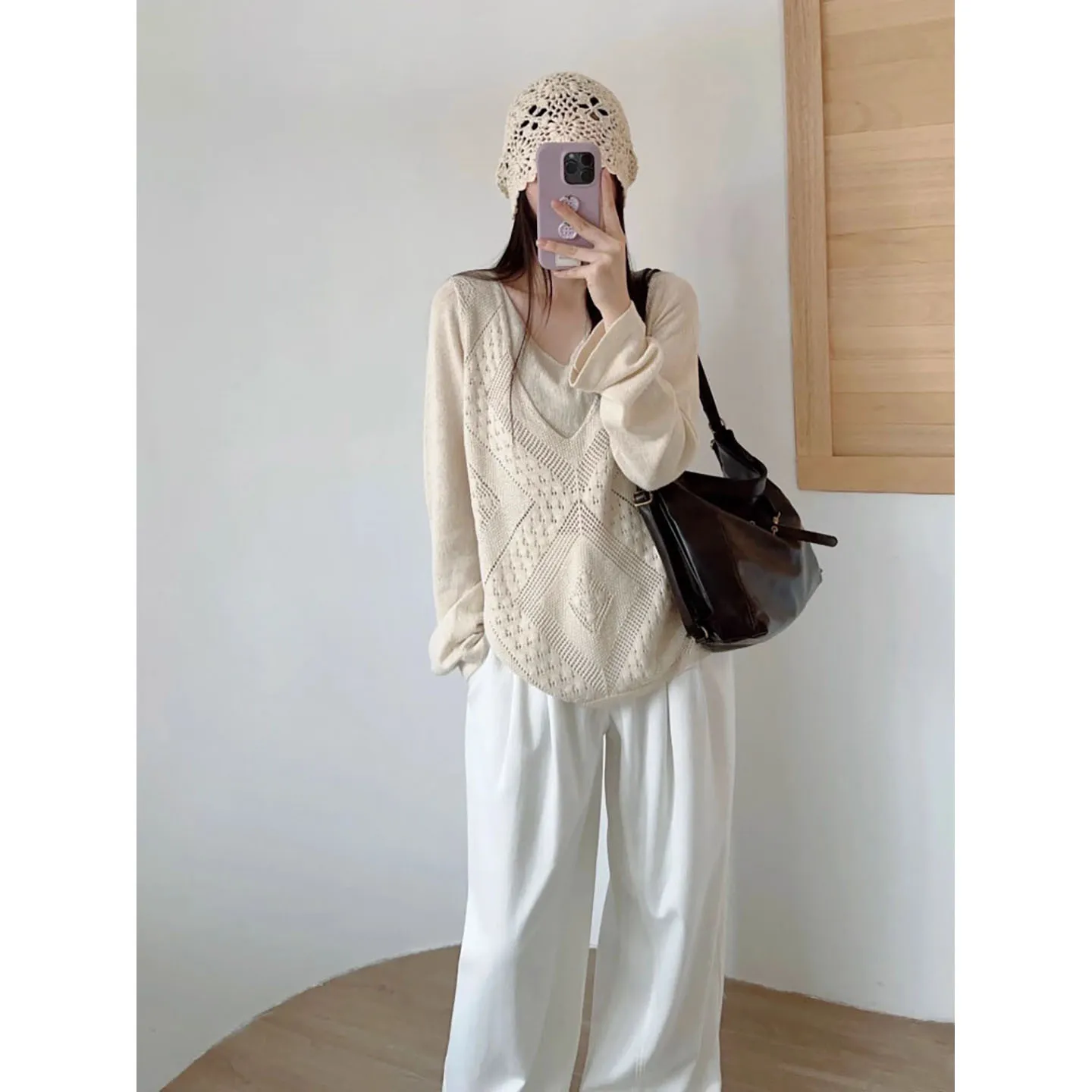 设计感纯色镂空长袖针织衫假两件V领罩衫女2025新款宽松百搭上衣
