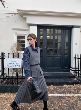 SourceWithU 美院生 气质呢马甲背心女款百褶灰色长款半身裙