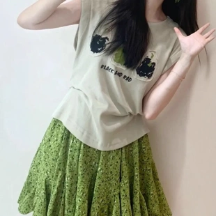 夏季 一整套穿搭减龄文艺无袖 T恤上衣搭配温柔高腰半身裙显瘦时尚
