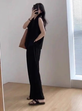 时尚休闲黑色显瘦遮肉无袖上衣阔腿裤套装两件套2025新款夏季女装