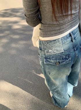 ONEONE 低腰水洗宽松直筒美式复古牛仔裤女秋磨白阔腿休闲裤子