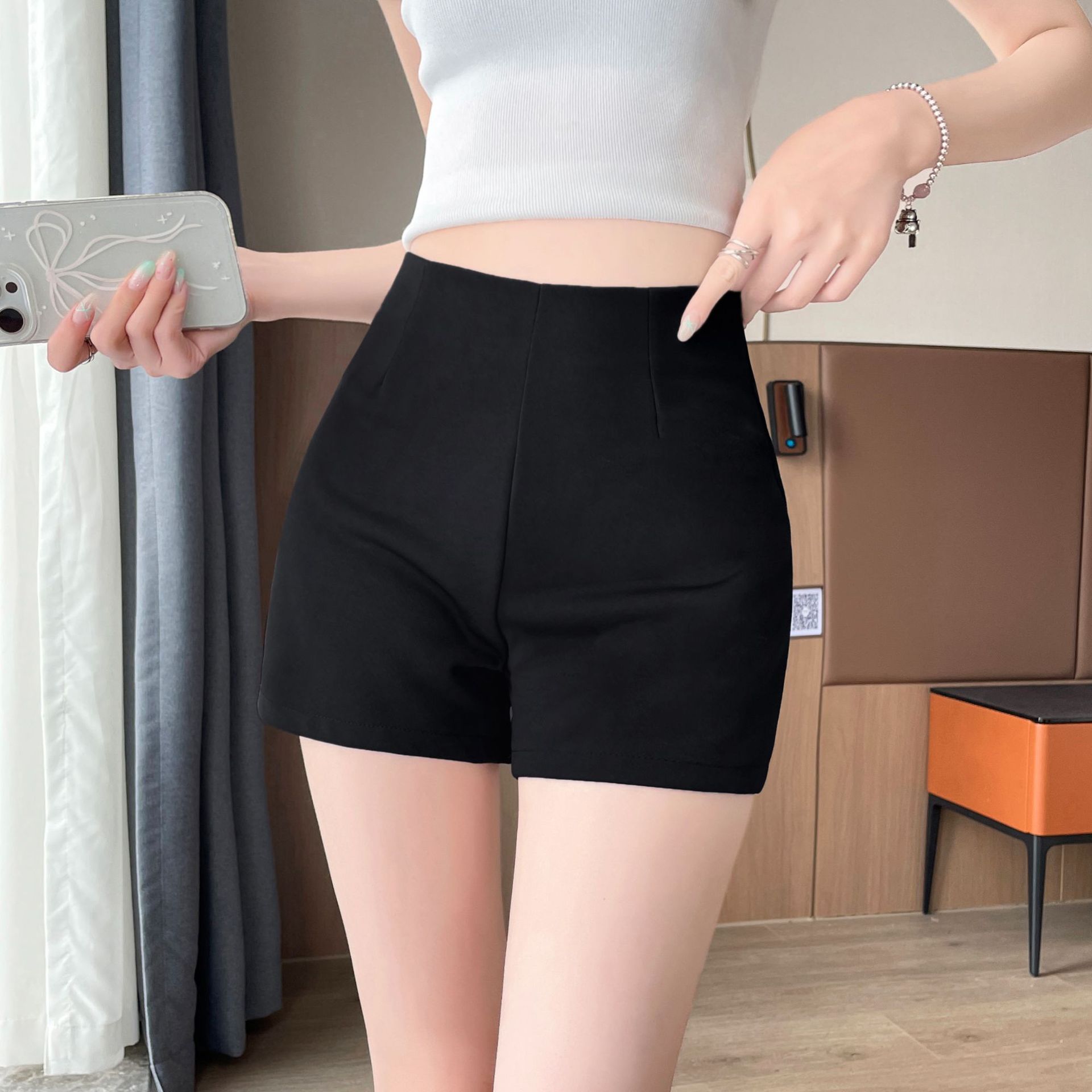黑色女团高腰不卷边西装打底裤
