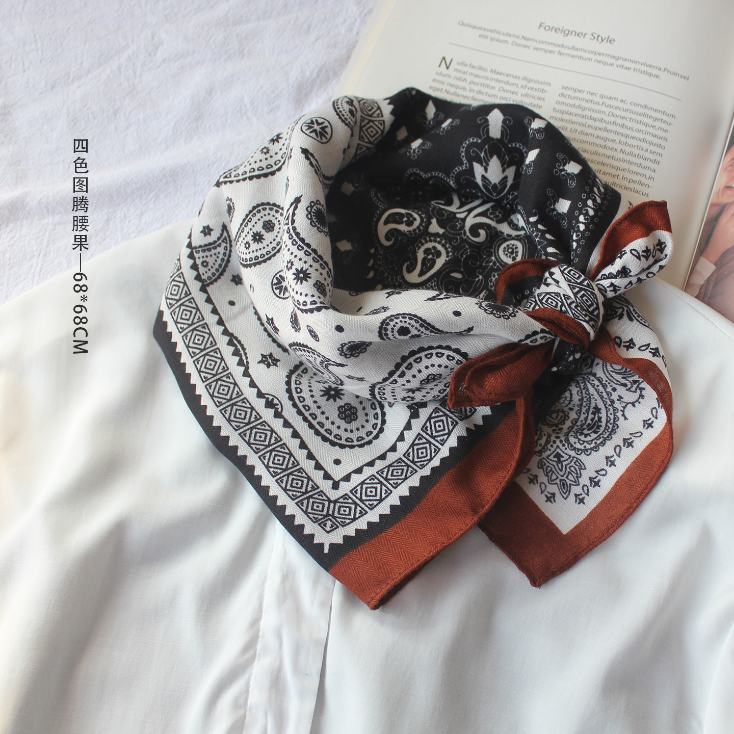 高级感棉麻腰果图案小方巾丝巾2025秋冬新款女式薄款护颈百搭纱巾