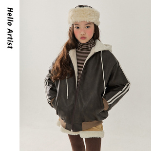 叮当森林韩国童装 Fork25冬新帅气连帽保暖PU飞行棒球夹克 代购