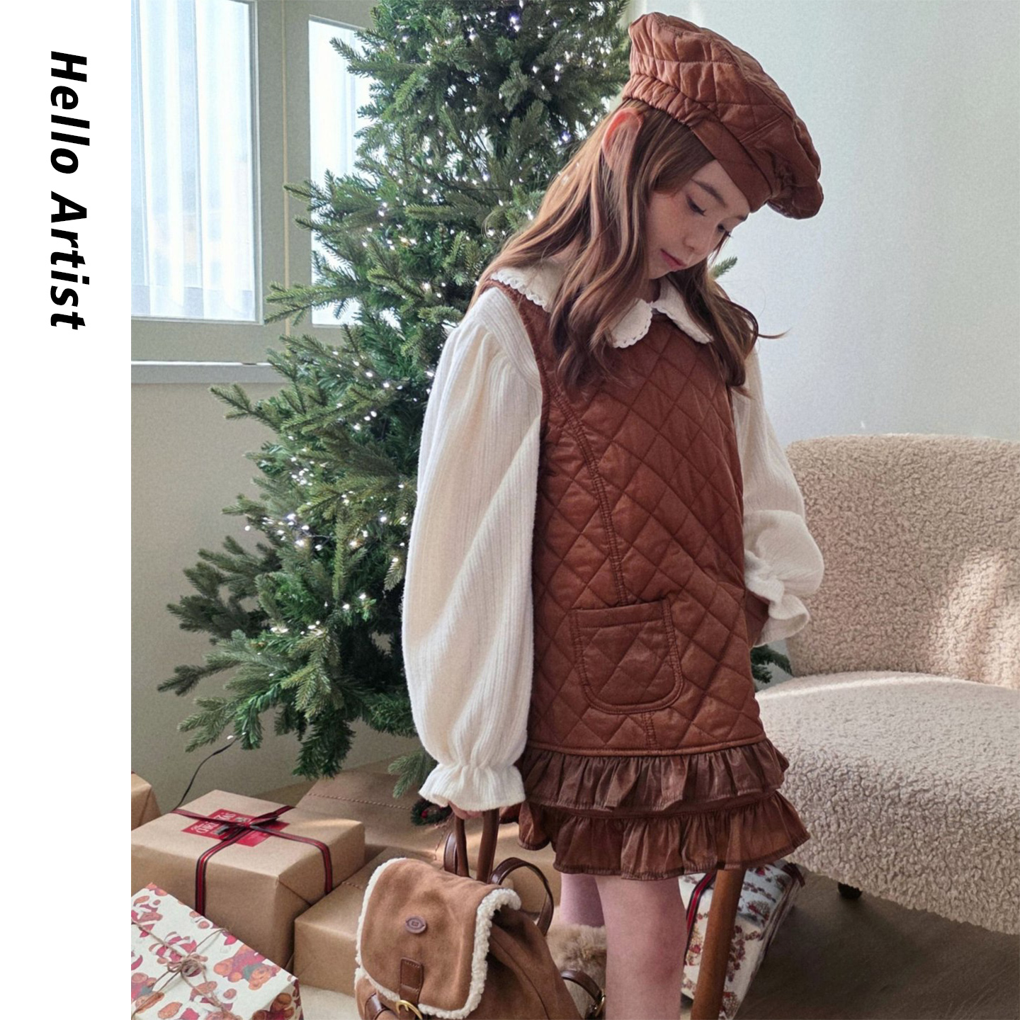 复古菱格衍棉背心裙25冬新款