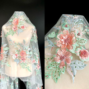 辅料 25cm浅红紫粉蓝彩色立体刺绣烫钻钉珠蕾丝花朵贴花边服装