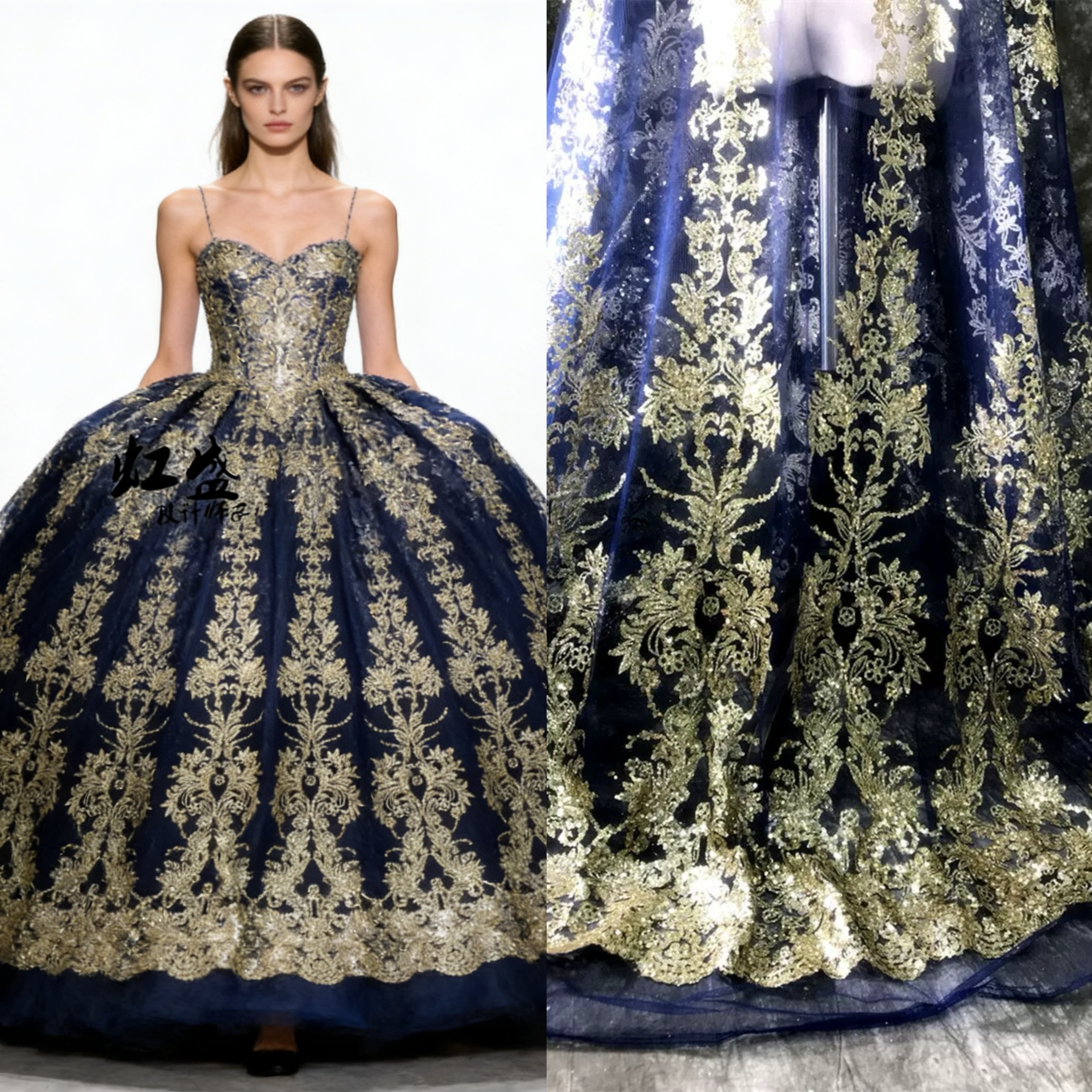 半透明深蓝烫金大花亮片布料烫金烫钻婚庆礼服亮片婚纱面料布料