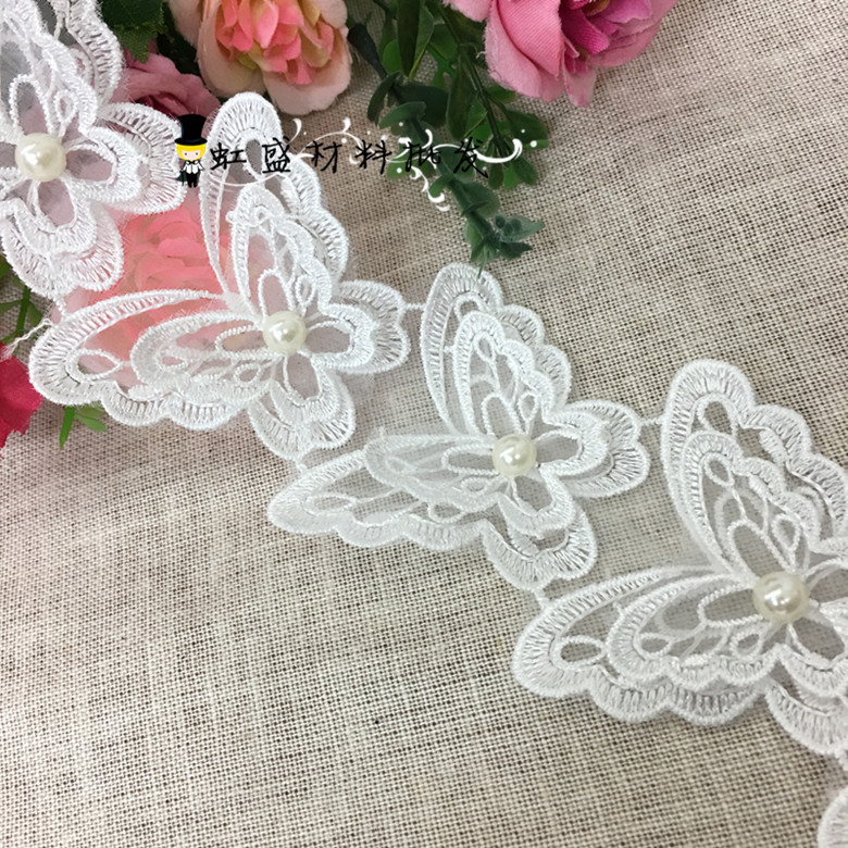 欧根纱双层钉珠蝴蝶花边花朵花贴婚纱礼服花边花朵花贴蝴蝶辅料