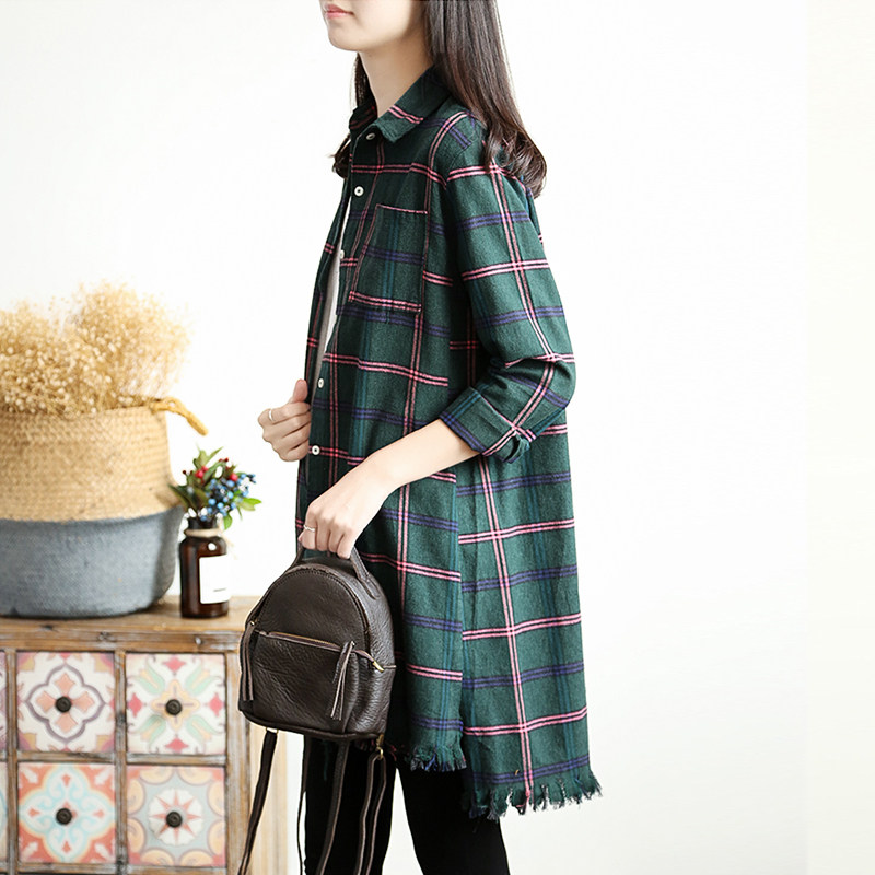 铜扣记棉格子衬衫女中长款宽松上衣复古文艺春秋毛边长袖衬衣外套|ruв категории Женская одежда, рубашка - от Buy2taobao.com для оказания профессиональной услуги покупки агента Taobao