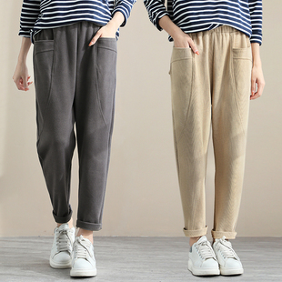 裤 铜扣记拼接休闲长裤 新款 休闲百搭纯色显瘦哈伦春季 子 女宽松韩版