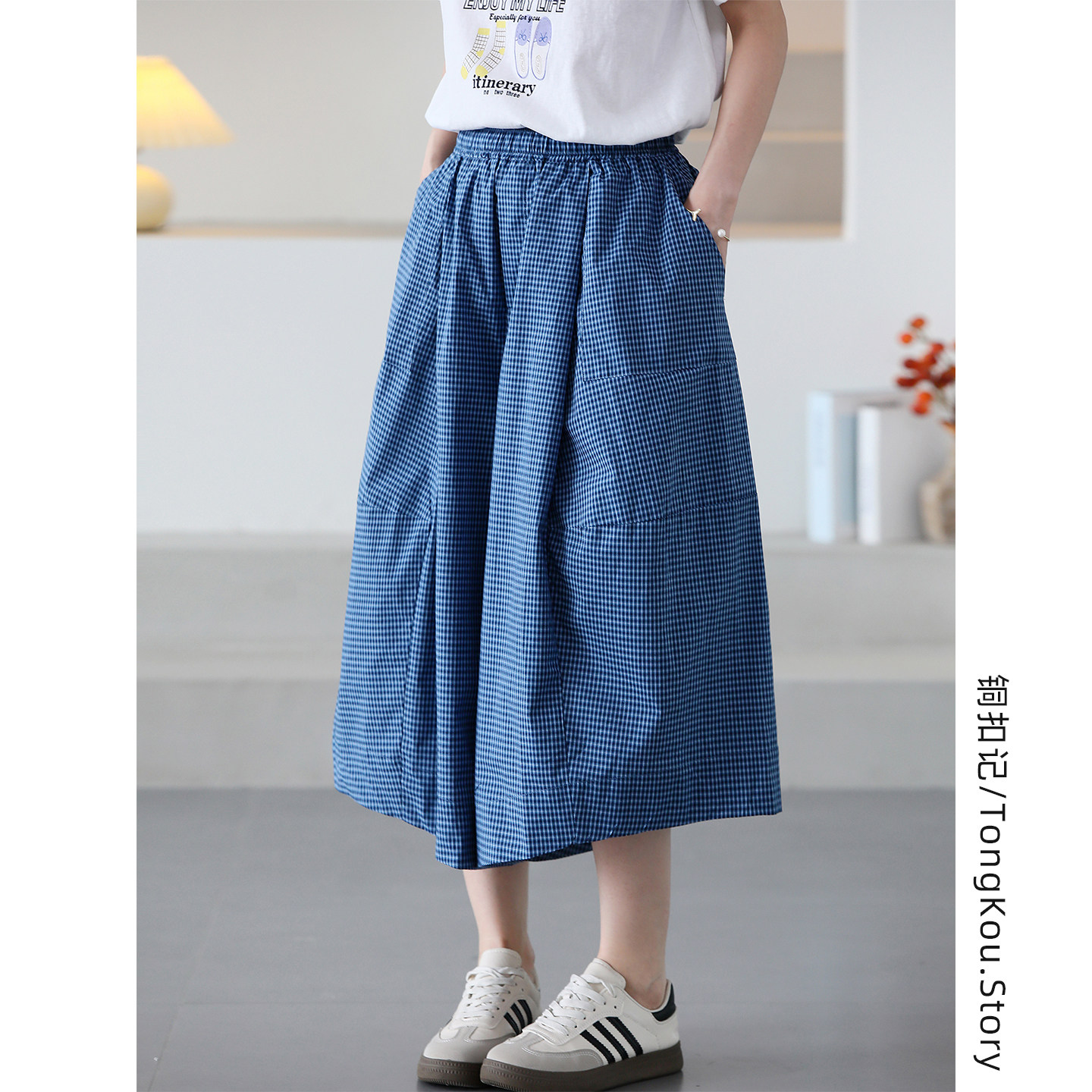 铜扣记阔腿裤裙女松紧腰休闲百搭宽松显瘦韩版夏季薄款格子裤裙女
