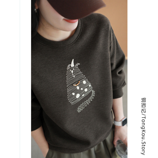 铜扣记圆领卫衣女刺绣休闲百搭宽松显瘦秋季新款韩版长袖套头上衣