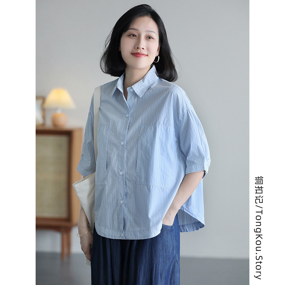 铜扣记纯棉条纹短袖衬衫女翻领休闲百搭宽松显瘦夏季新款衬衣外套