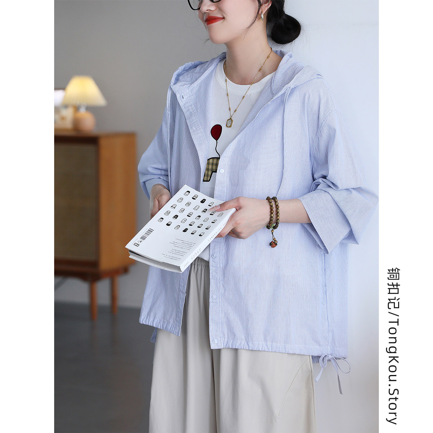 铜扣记条纹衬衫女连帽休闲百搭宽松显瘦韩版夏季薄款防晒衬衣女