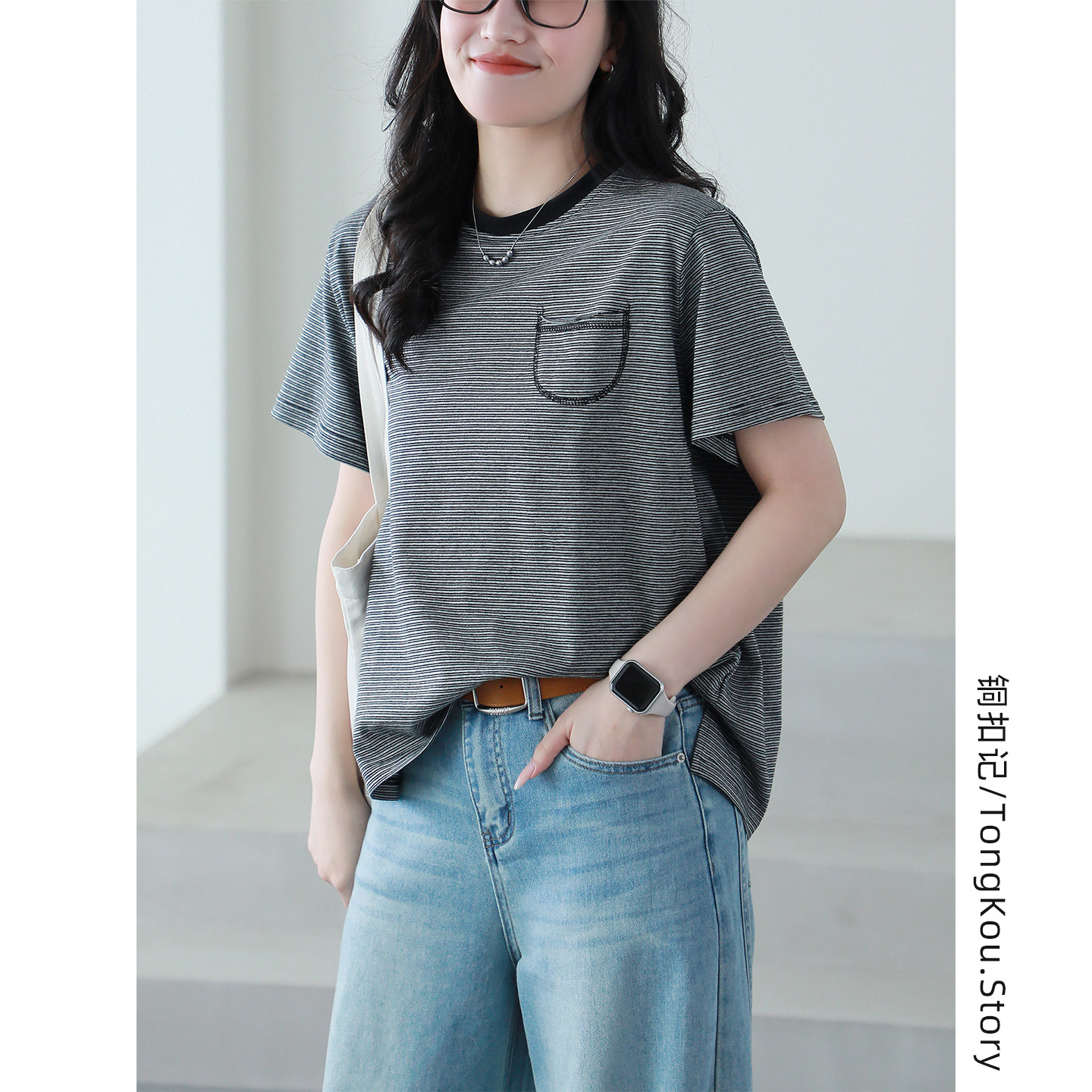 铜扣记纯棉条纹T恤女圆领休闲百搭宽松显瘦韩版夏季新款正肩短袖