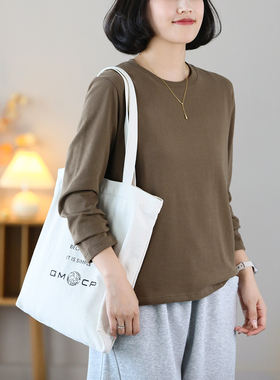 铜扣记休闲长袖T恤女圆领柔软亲肤宽松显瘦韩版秋季百搭打底衫女