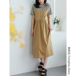 铜扣记纯棉假两件连衣裙女条纹休闲百搭宽松显瘦夏季 裙子 薄款 短袖