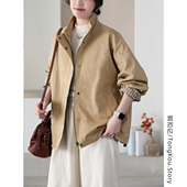 铜扣记纯棉风衣女立领休闲百搭宽松显瘦春季 外套女 中长款 新款 韩版