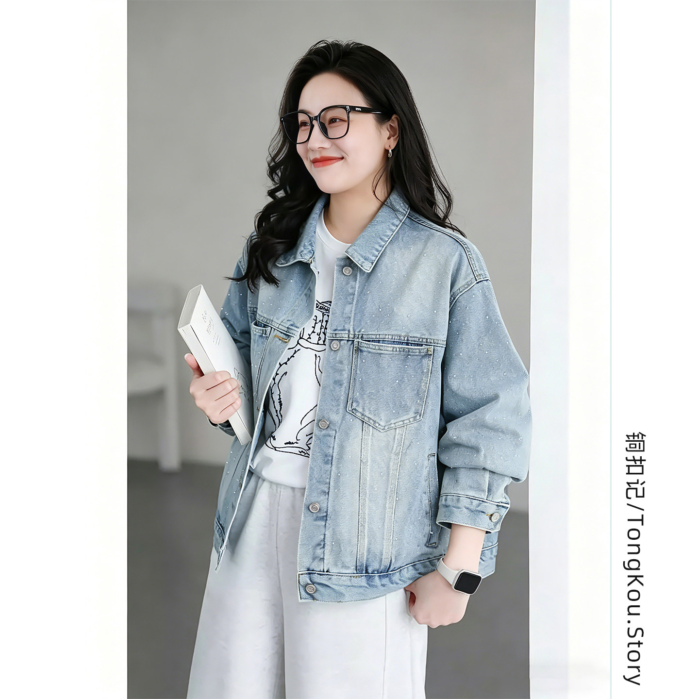 铜扣记满钻牛仔服女翻领休闲百搭宽松显瘦韩版春季新款夹克外套女