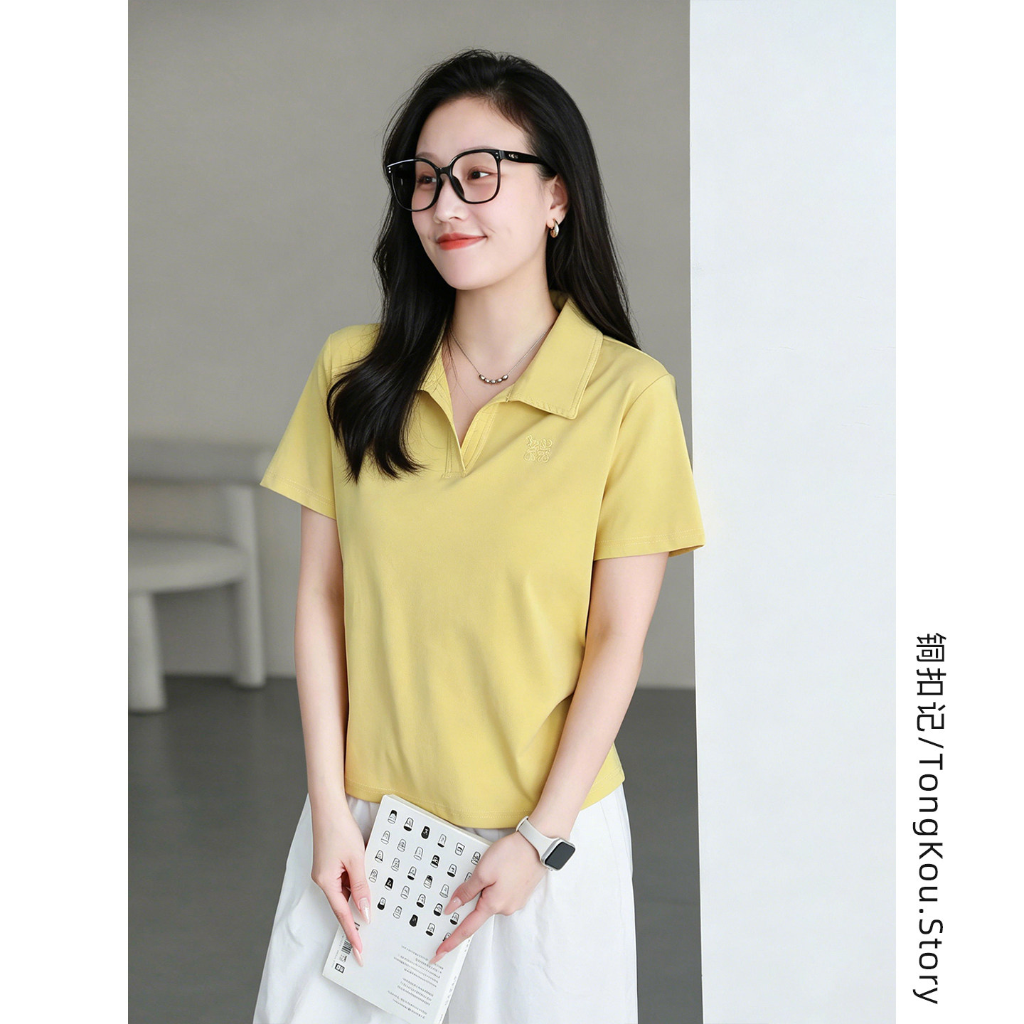 铜扣记弹力棉短袖女翻领休闲百搭宽松显瘦夏季薄款刺绣poloT恤女