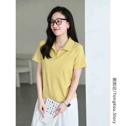 铜扣记文艺短袖POLO衫女显瘦