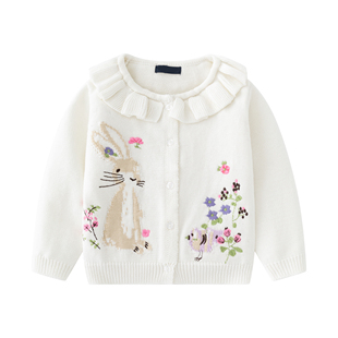 90-150英单儿童上衣女宝兔子刺绣荷叶娃娃领纯棉女童毛衣针织开衫