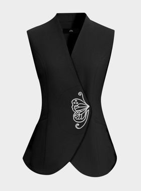 7495无袖西装马甲女刺绣背心2025春秋新款修身外搭叠穿小坎肩马夹