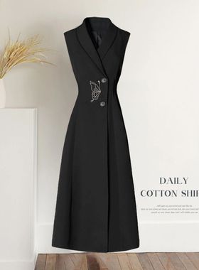 高端刺绣中长款无袖西装马甲连衣裙女背心裙春秋新外套6037-2