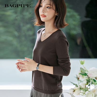 风笛2025春季新款高级感长袖针织羊毛衫保暖V领修身内搭上衣