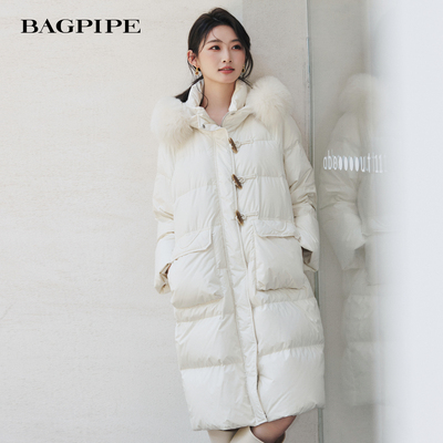 风笛2025冬季新款牛角扣长款羽绒服设计感狐狸毛领90鹅绒连帽外套